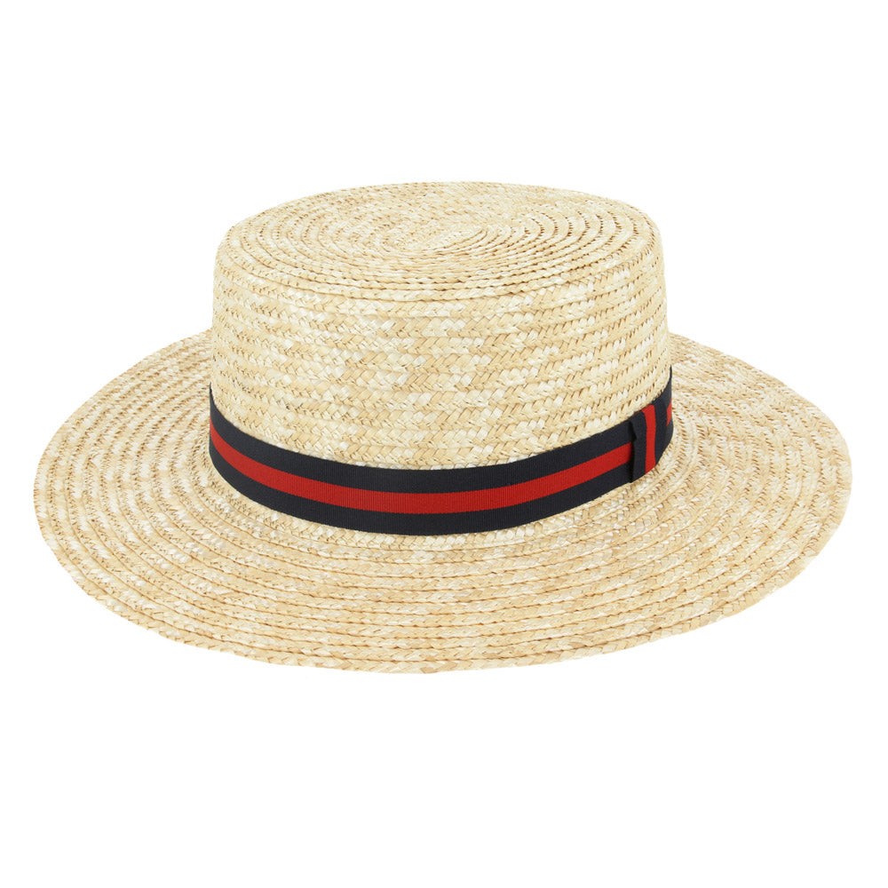 Traditional 100% Straw Boater Hat with Navy & Red Stripe Band