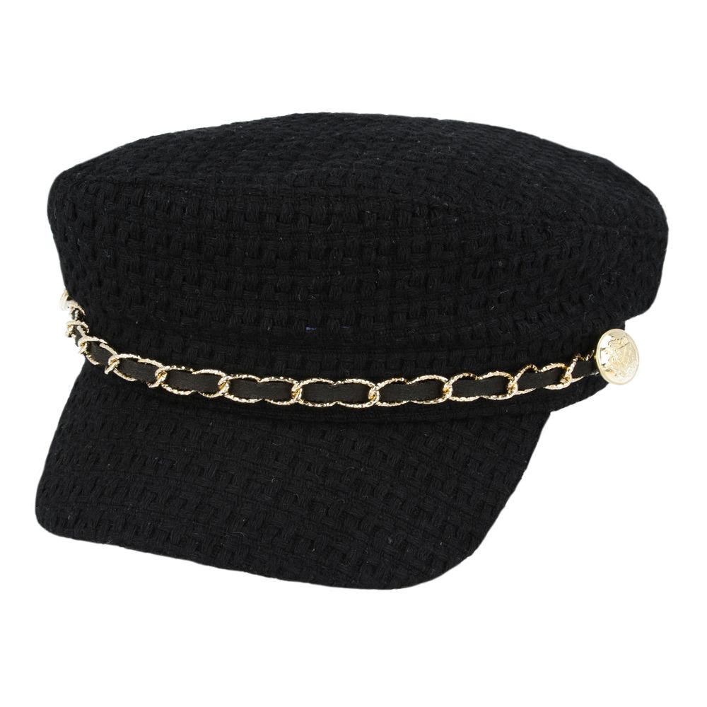 Breton, Sailor, Captain Hat With Gold Chain & Button - Black