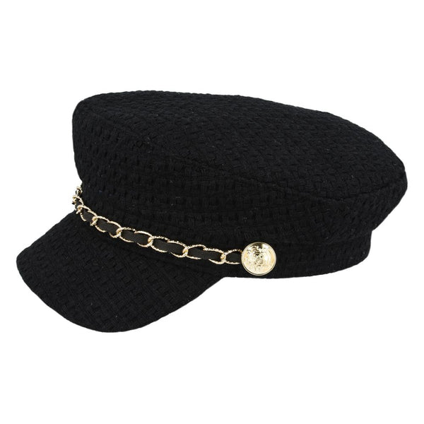 Breton, Sailor, Captain Hat With Gold Chain & Button - Black