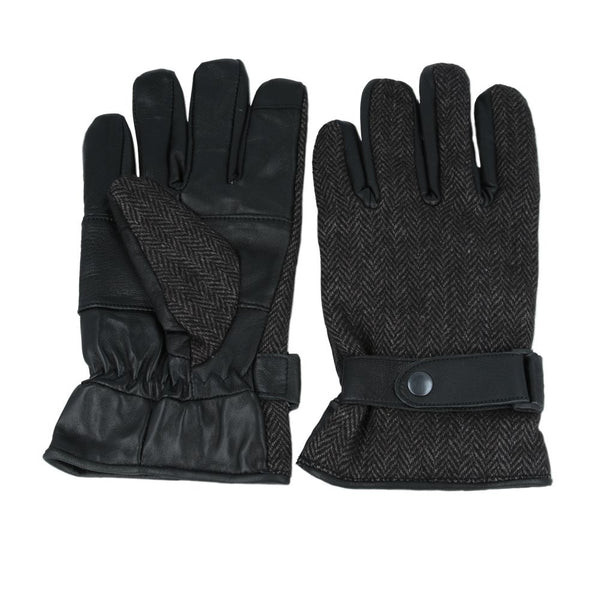 Men’s Genuine Leather & Herringbone Gloves With Touch Screen - Black