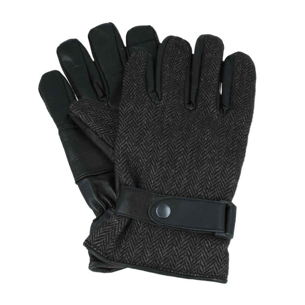 Men’s Genuine Leather & Herringbone Gloves With Touch Screen - Black