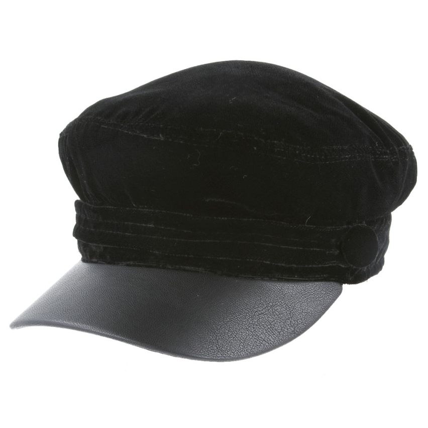 Velvet Breton, Sailor, Fiddler, Cap With PU Peak - Black