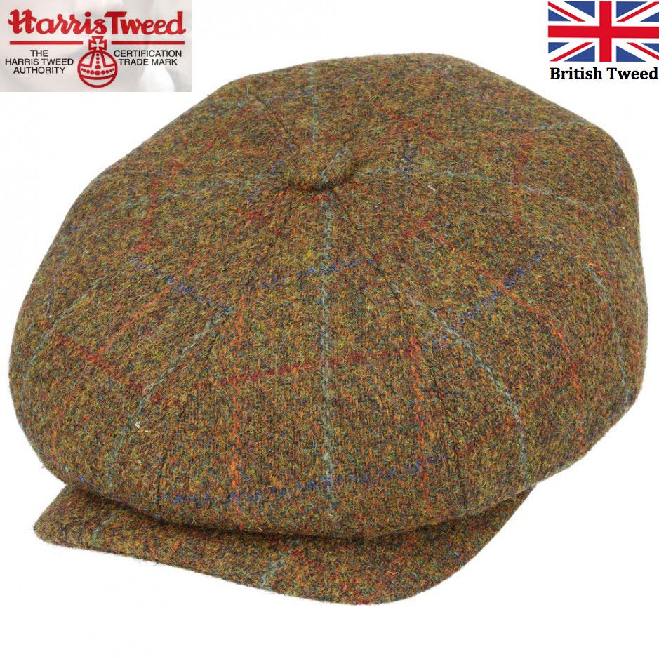 Harris Tweed 100% Scottish Wool Check Bakerboy Newsboy Cap - Green