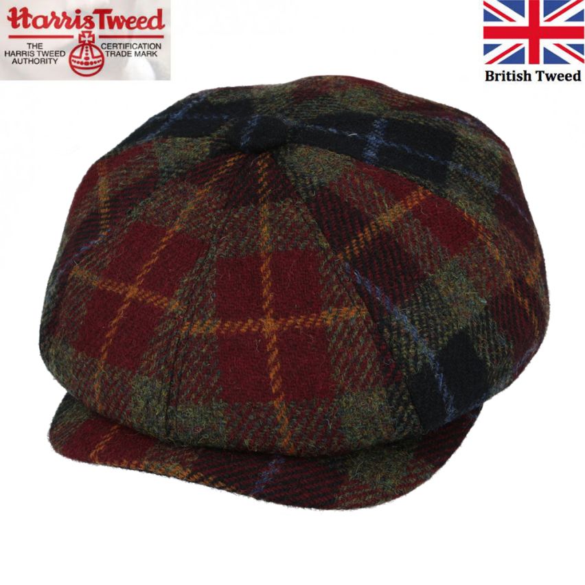 Harris Tweed 100% Scottish Wool Check Bakerboy Newsboy Cap - Burgundy