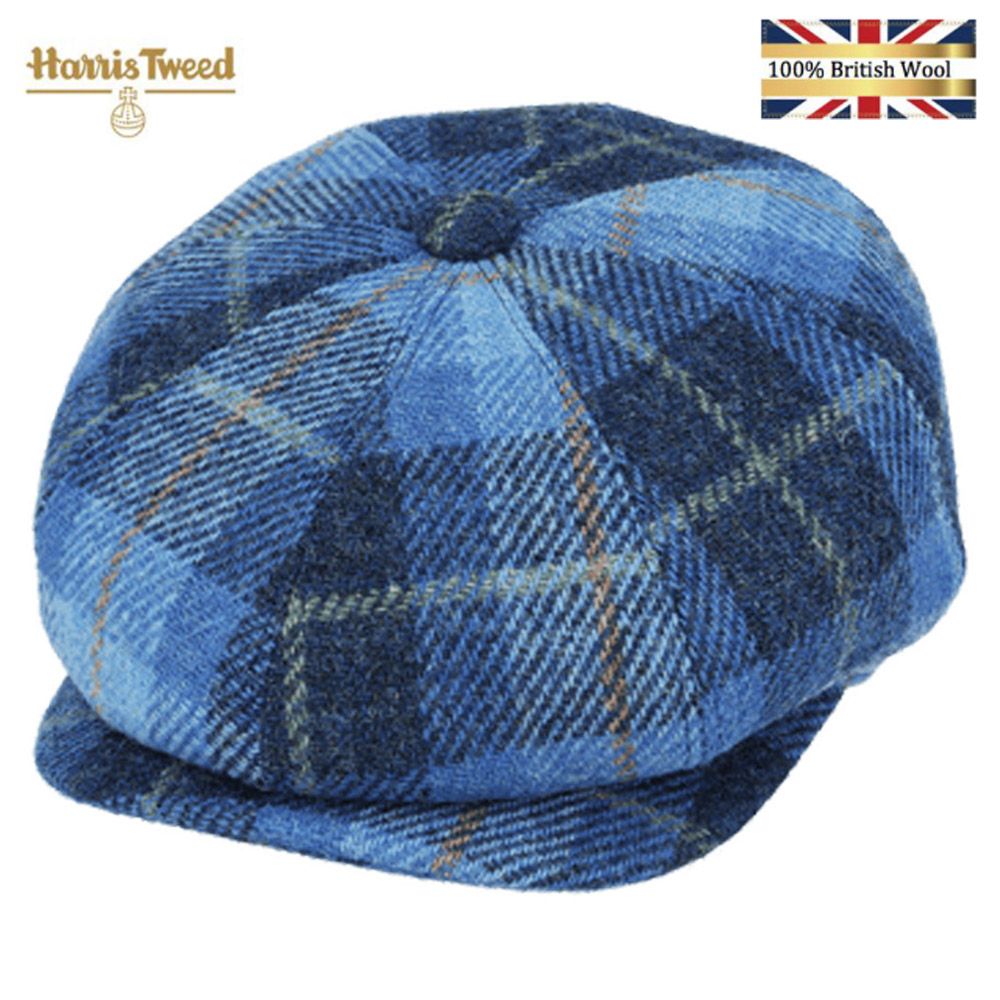 Harris Tweed 100% Scottish Wool Check Bakerboy Newsboy Cap - Blue