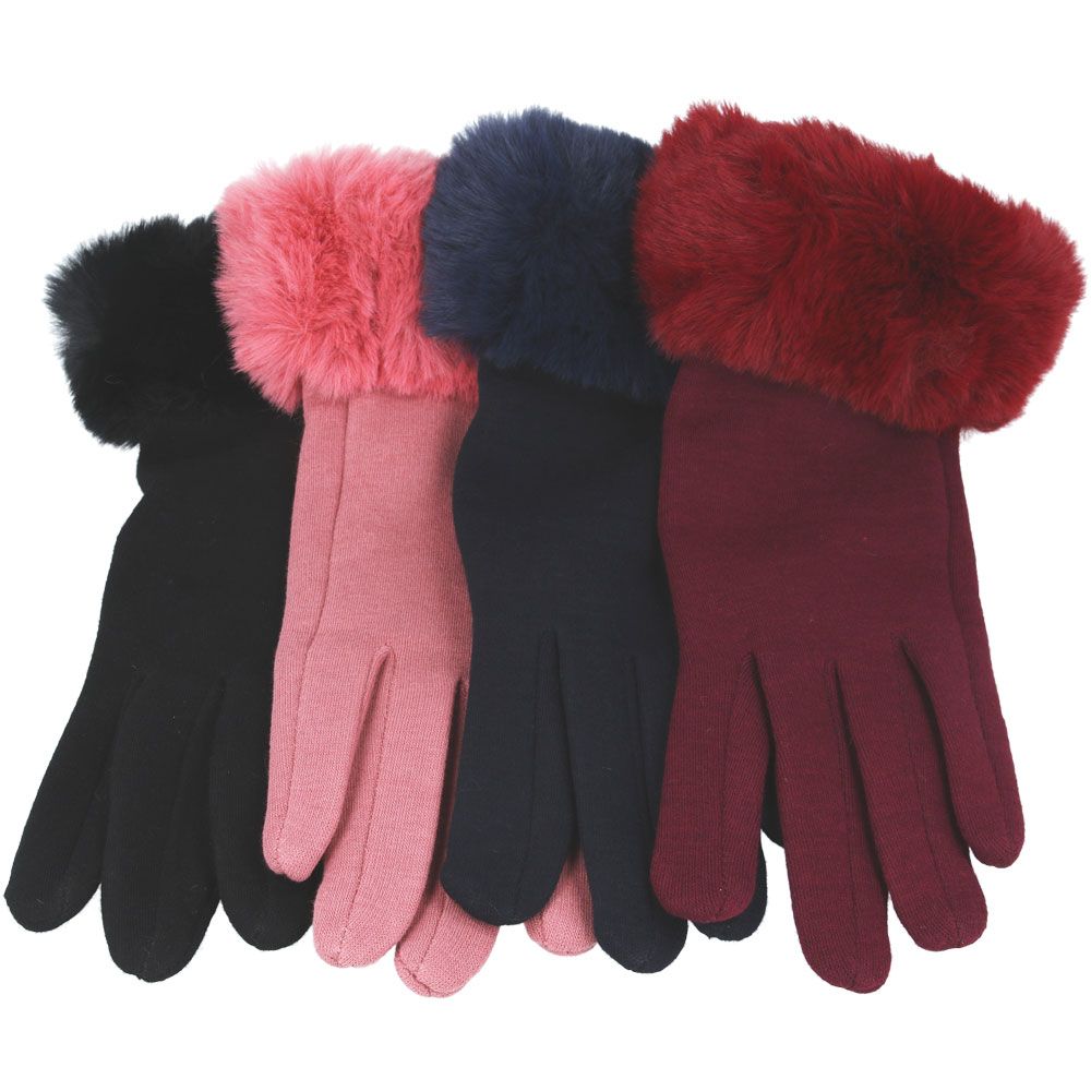 Ladies Soft Cotton Gloves Touch Screen With Faux Fur- Black,Pink,Navy,Wine,