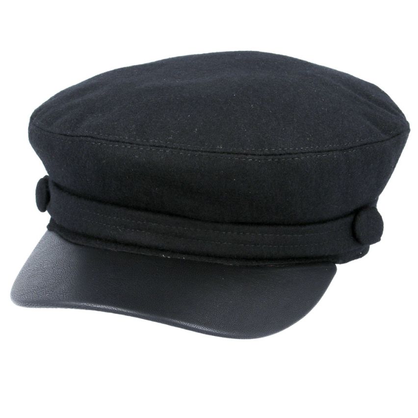 Wool Breton, Sailor, Fiddler, Cap With PU Peak - Black