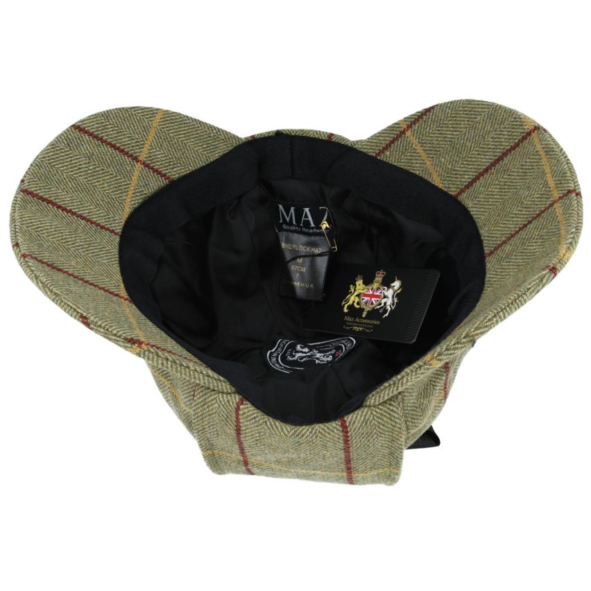 Wool Check Tweed Deerstalker Hat Olive Green - Main Image