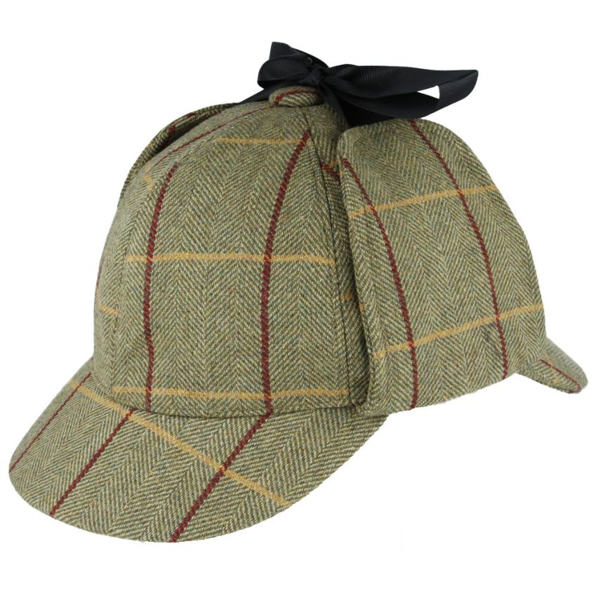 Wool Check Tweed Sherlock Holmes Deerstalker Hat - Olive - Green