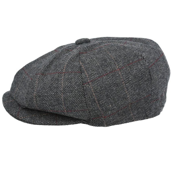 Wool Check Herringbone 8 Panel Gatsby Newsboy Cap - Dark-Grey