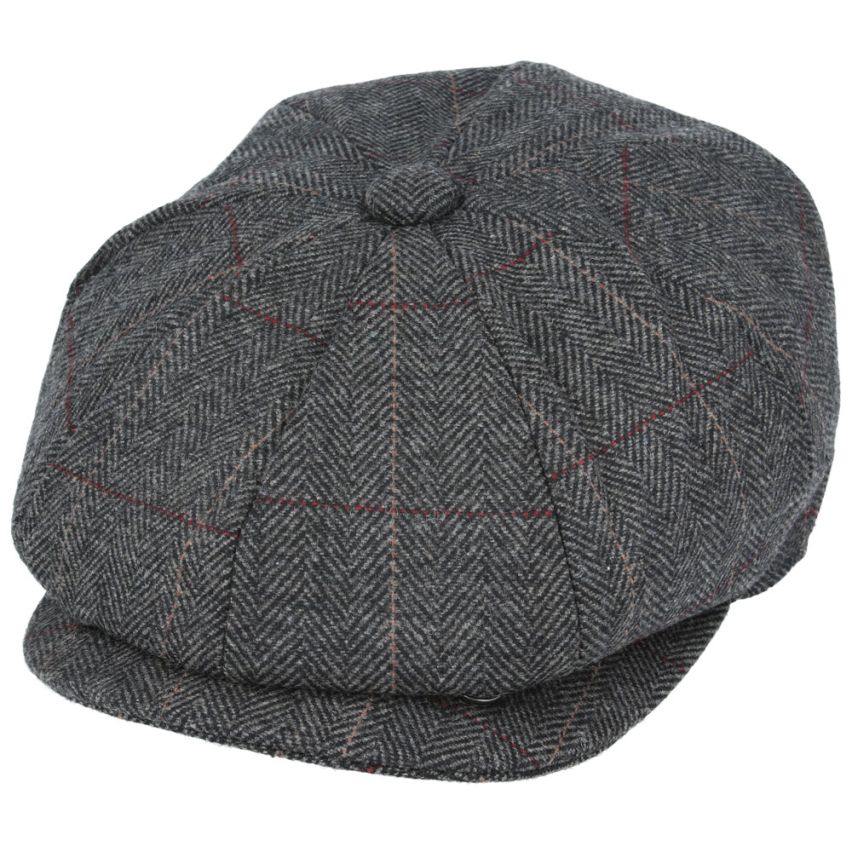 Wool Check Herringbone 8 Panel Gatsby Newsboy Cap - Dark-Grey