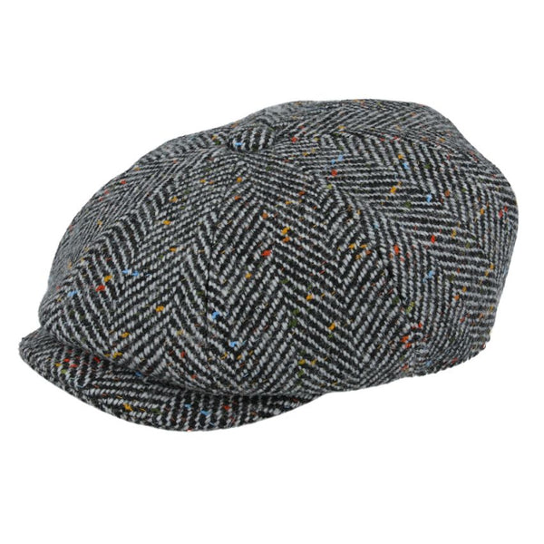 Wool Tweed Herringbone 8 Panel Gatsby Newsboy Cap - Grey