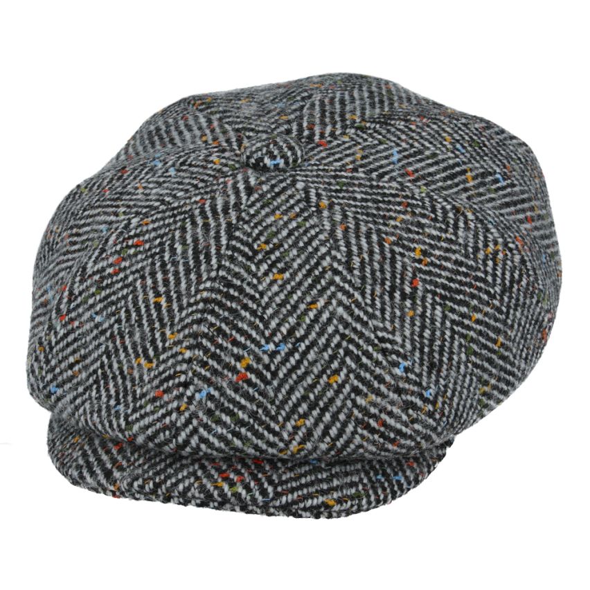 Wool Tweed Herringbone 8 Panel Gatsby Newsboy Cap - Grey