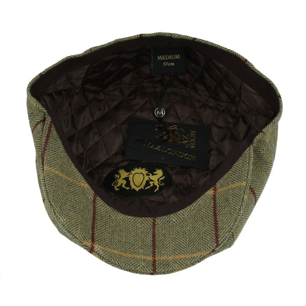 Wool Checked Tweed with Durable Red Stripe Newsboy Cap - Green