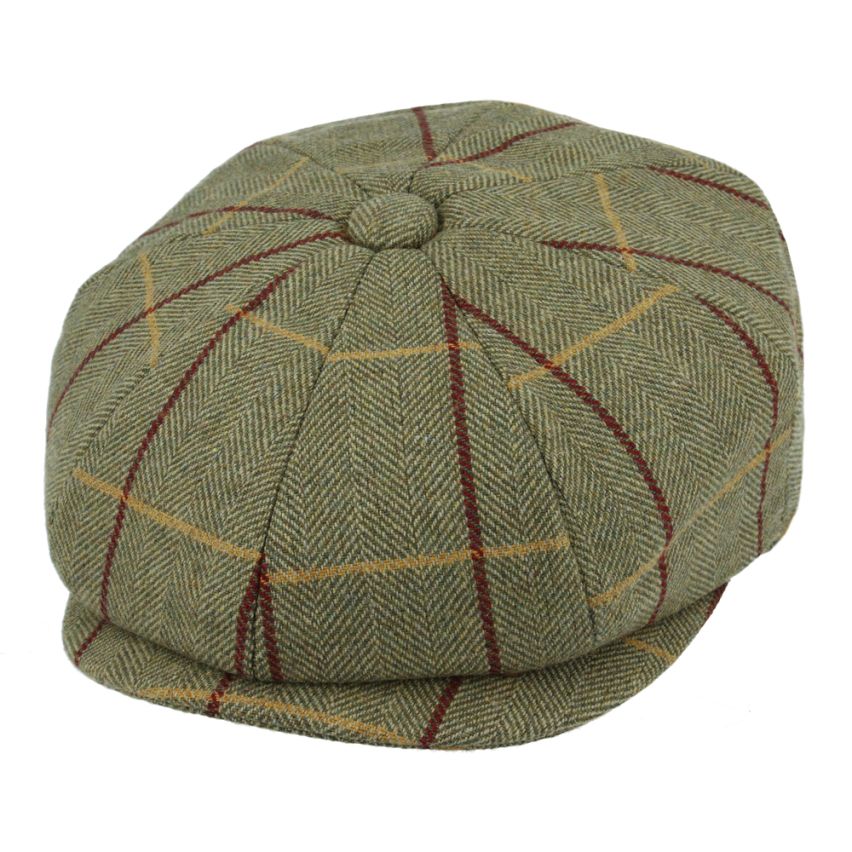 Wool Checked Tweed with Durable Red Stripe Newsboy Cap - Green