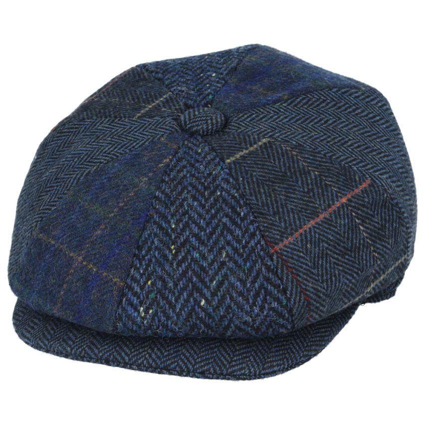 Donegal Tweed Herringbone Patch Newsboy Cap - Navy