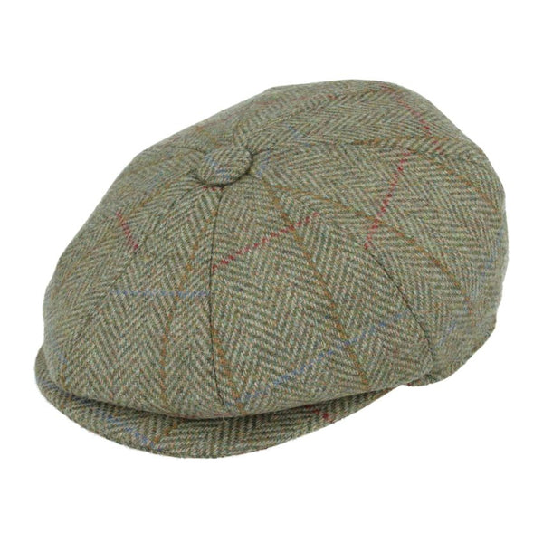 Wool Check Tweed Herringbone 8 Panel Newsboy Cap - Green