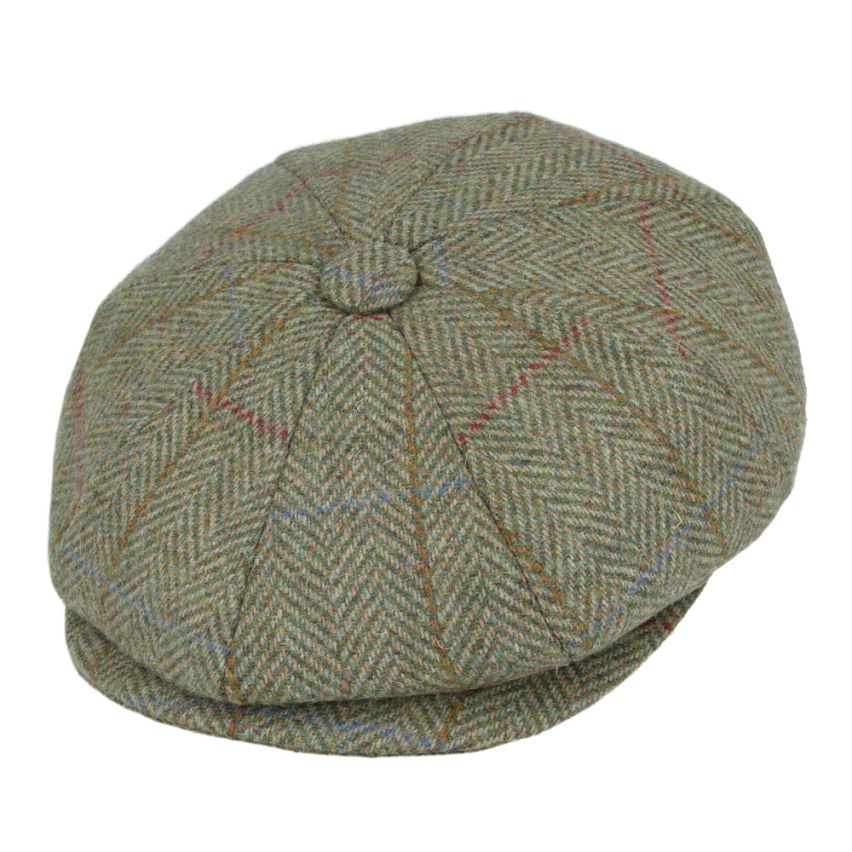 Wool Check Tweed Herringbone 8 Panel Newsboy Cap - Green