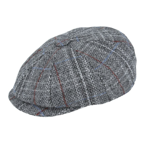 Wool Checked Tweed 8 Panel Gatsby Newsboy Cap - Grey