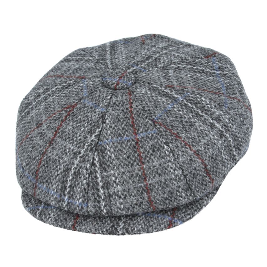 Wool Checked Tweed 8 Panel Gatsby Newsboy Cap - Grey