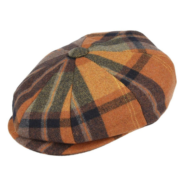 Wool Checked Tartan 8 Panel Gatsby Newsboy Cap - Orange