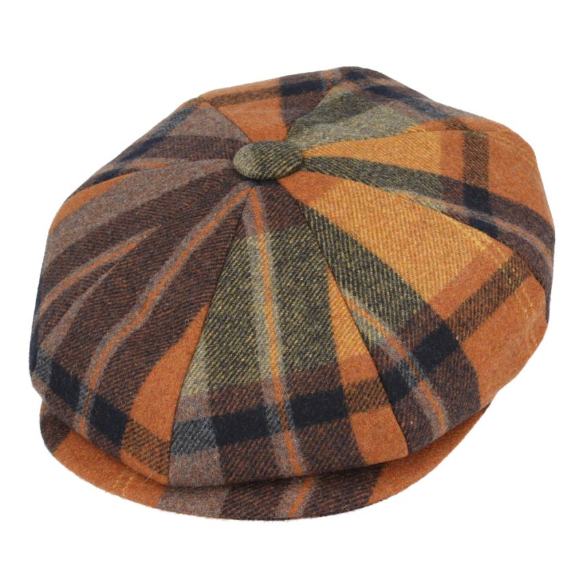 Wool Checked Tartan 8 Panel Gatsby Newsboy Cap - Orange