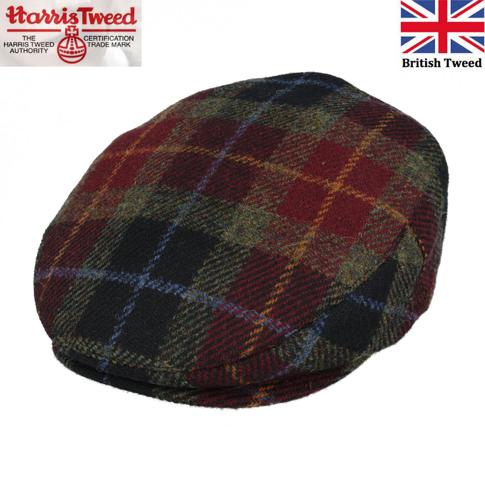 Harris Tweed 100%  British Wool Herringbone Check Flat Cap - Burgundy