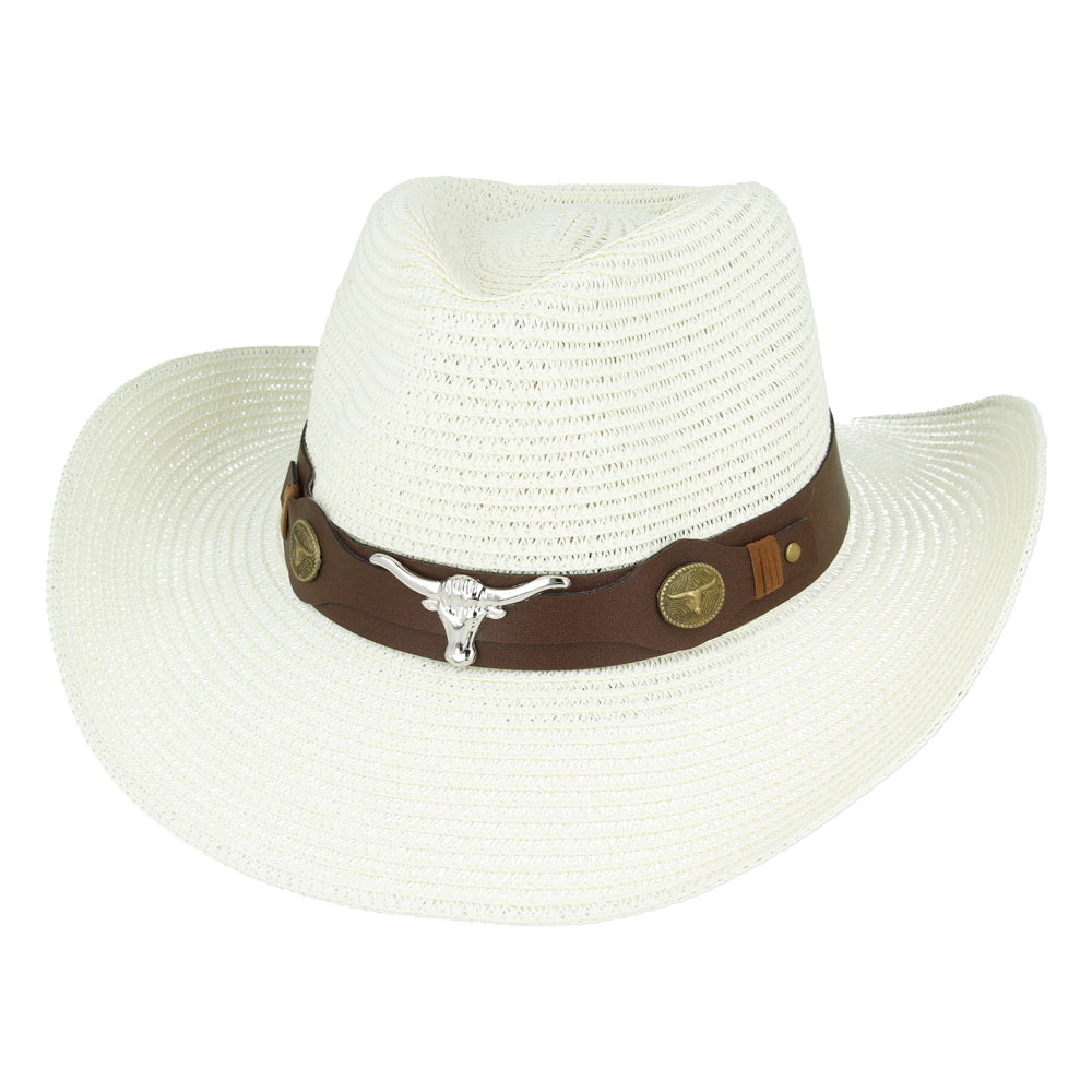 Summer Western Cowboy Hat With Shapeable Brim and buffalo Strap – Cream