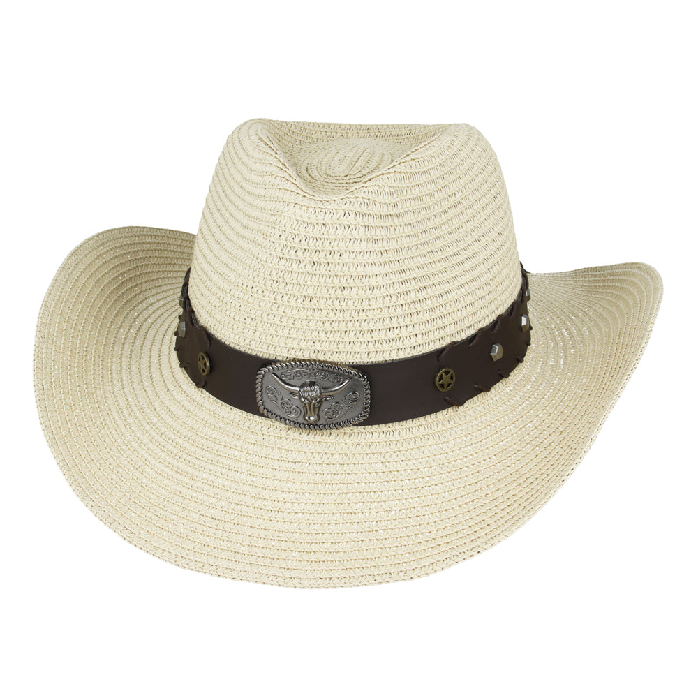Summer Western Cowboy Hat With Shapeable Brim and buffalo Strap – Beige