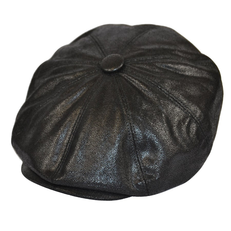 Leather Look Newsboy Cap - Black