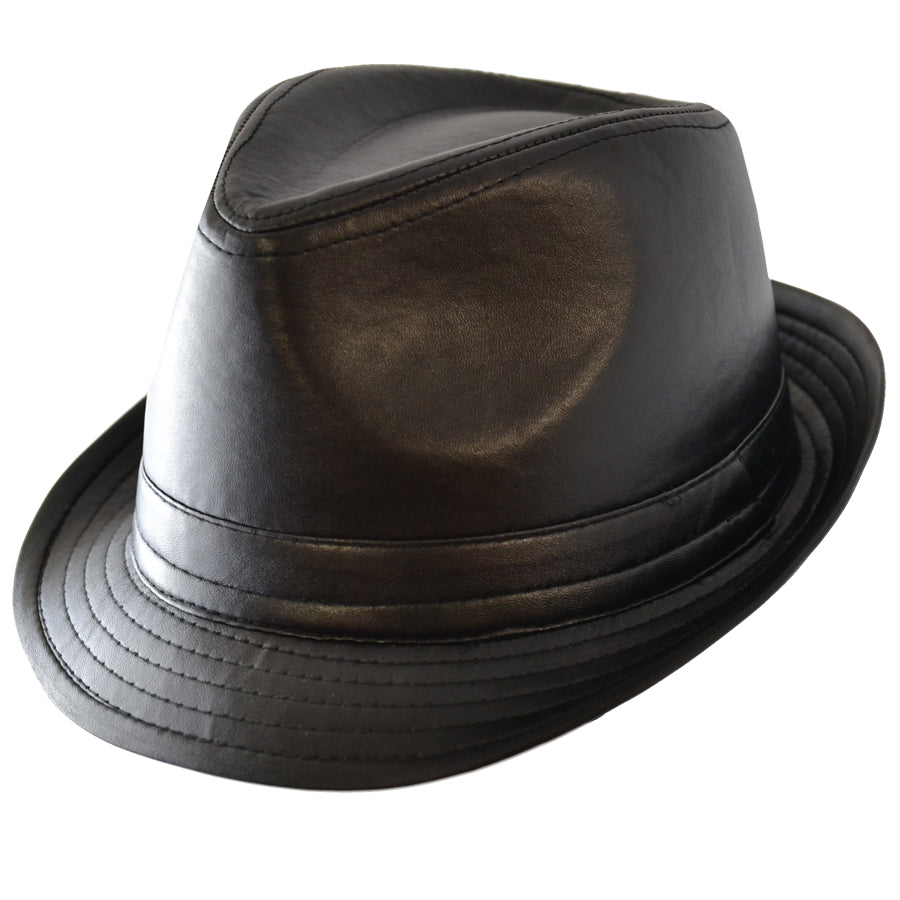 Black Leather Look Trilby Hat
