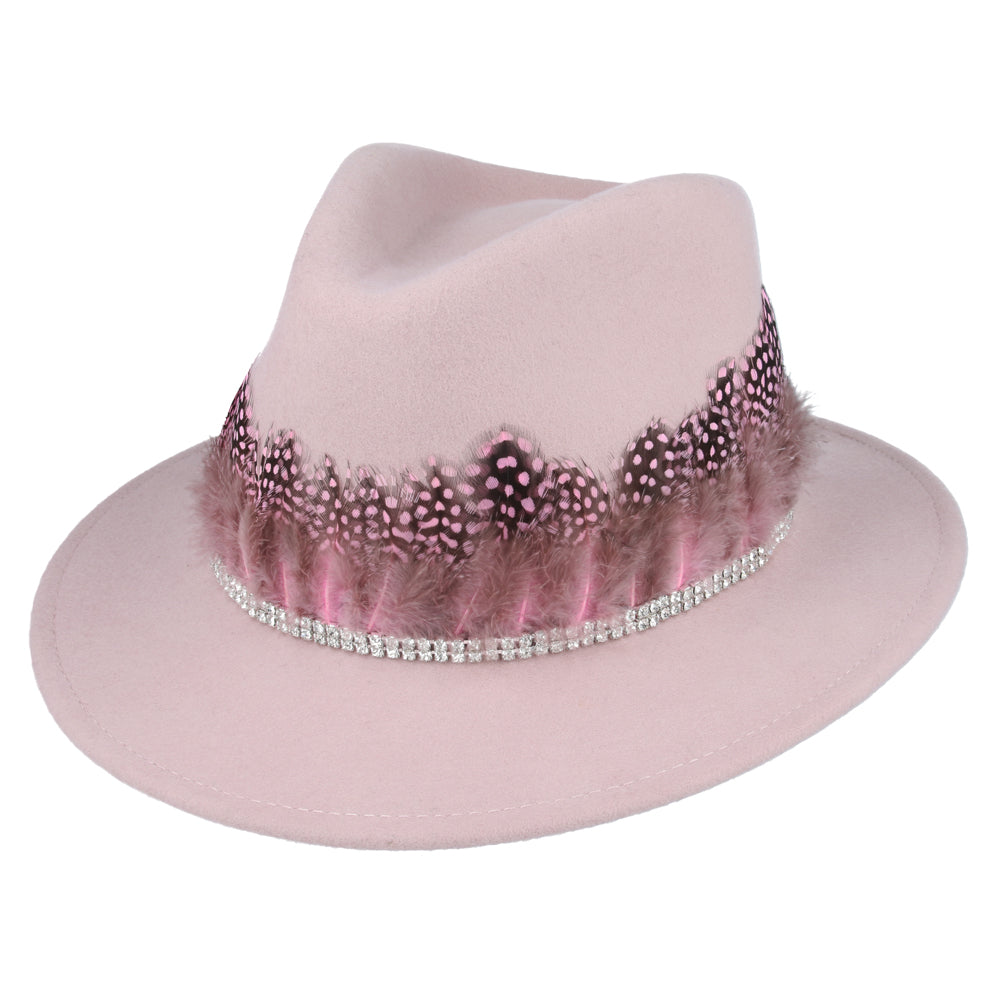 Baby Pink Fedora With Guinea Fowl Wrap