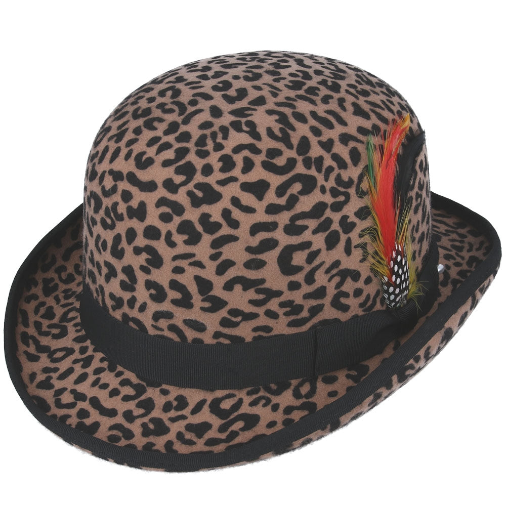 Wool Leopard Bowler Hat Brown