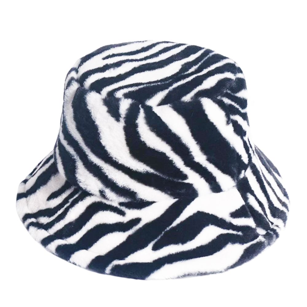Zebra Print Fluffy Faux Fur Bucket Hat