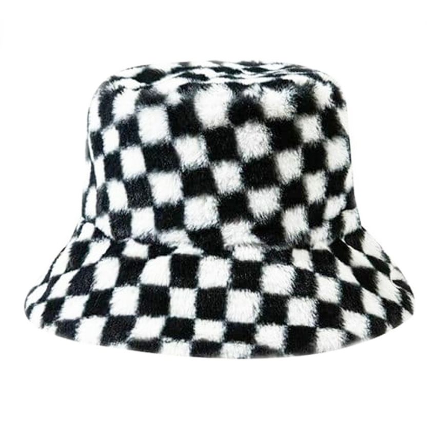 Checkerboard Fluffy Faux Fur Bucket Hat