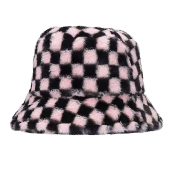 Checkerboard Fluffy Faux Fur Bucket Hat