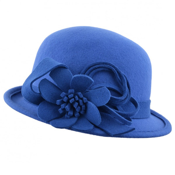 Maz Ladies Vintage Wool Cloche Hat With Flower & Strap belt Around