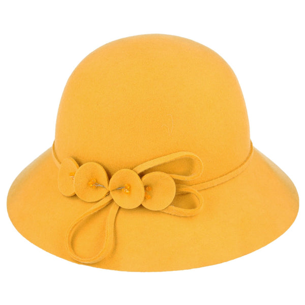 Ladies Chic Vintage Wool Cloche Hat With Flower & Strap belt Around - Black,Red,Mustard