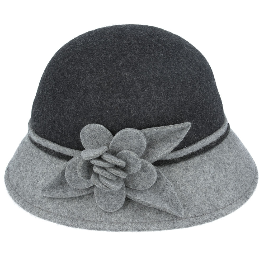 Ladies Chic Vintage Two Tone Wool Cloche Hat With Flower - Black-Grey