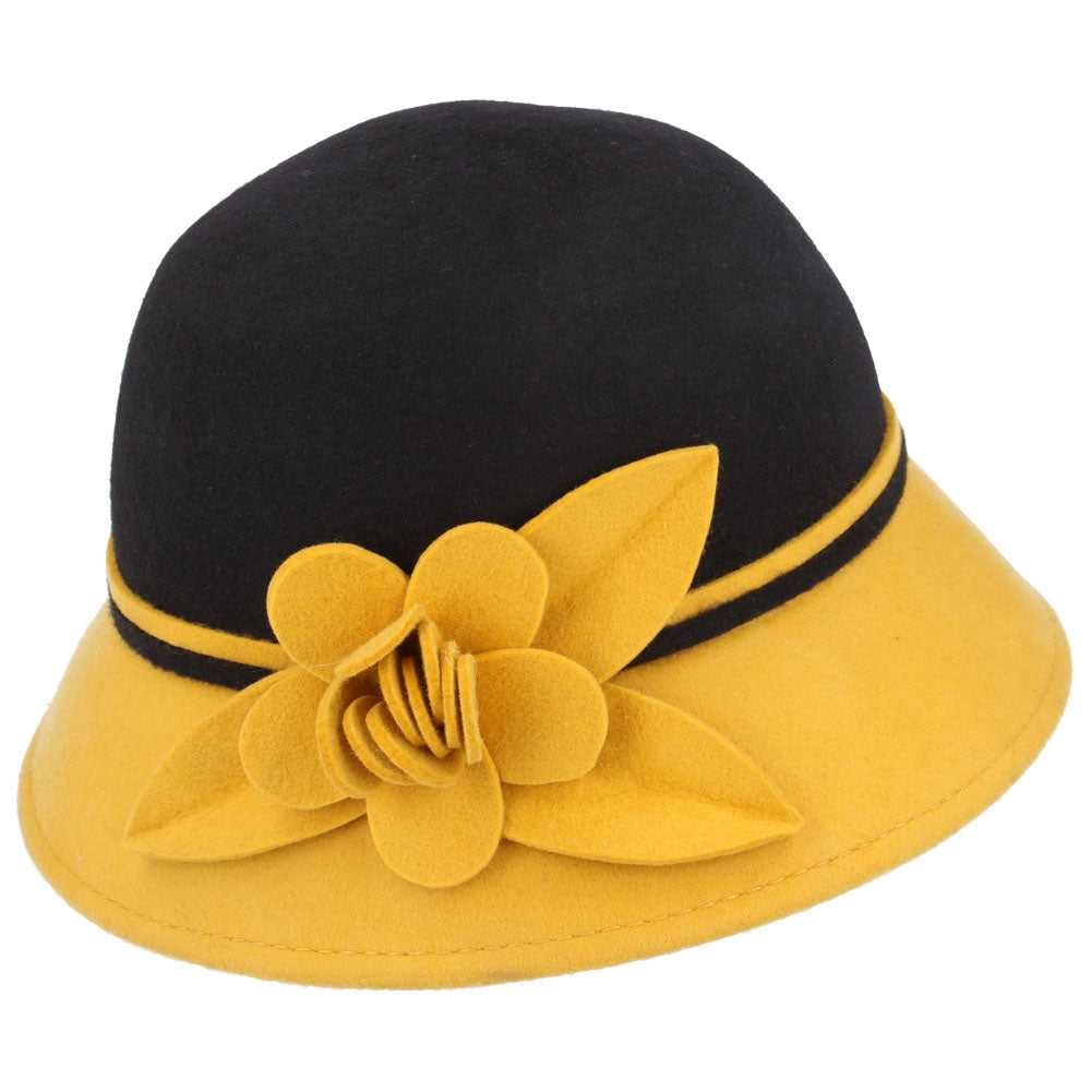 Wool Two Tone Cloche Hat With Flower at the side - Mustard-Brown