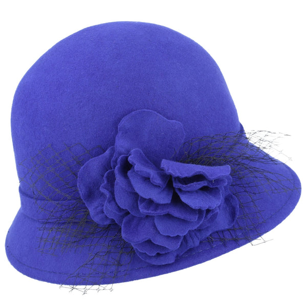 Maz Chic Vintage Wool Cloche Hat With Flower & Mesh Yarn - Mustard,Black,Wine,Royal Blue