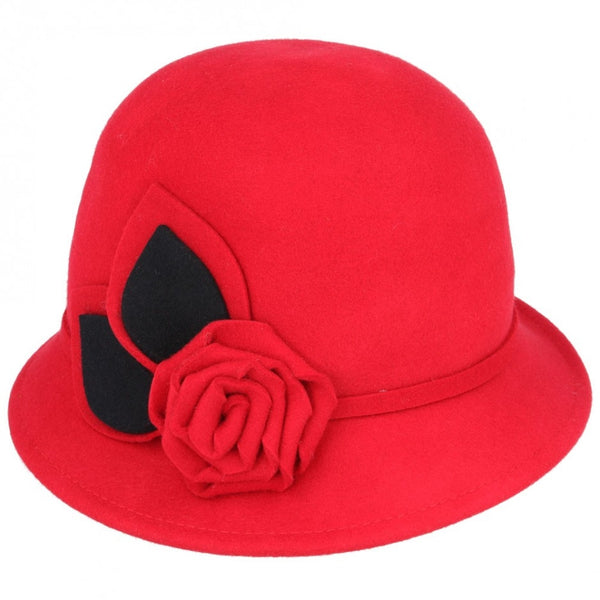 Wool Cloche Hat With Flower & belt Around - Red-Black