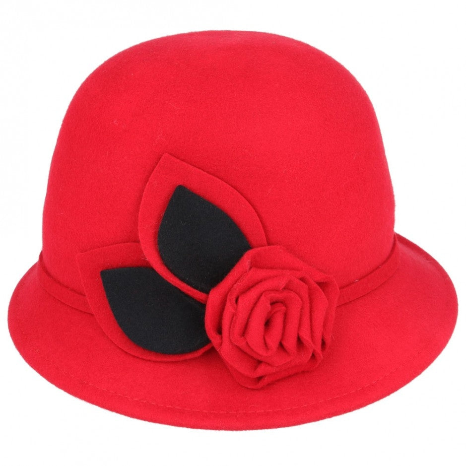 Wool Cloche Hat With Flower & belt Around - Red-Black
