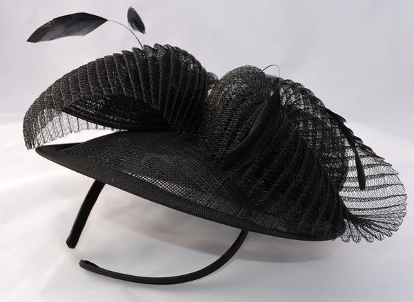 Black Sinamay Fascinator With Feathers, Netting & Flower - Clip-On Formal Hairpiece