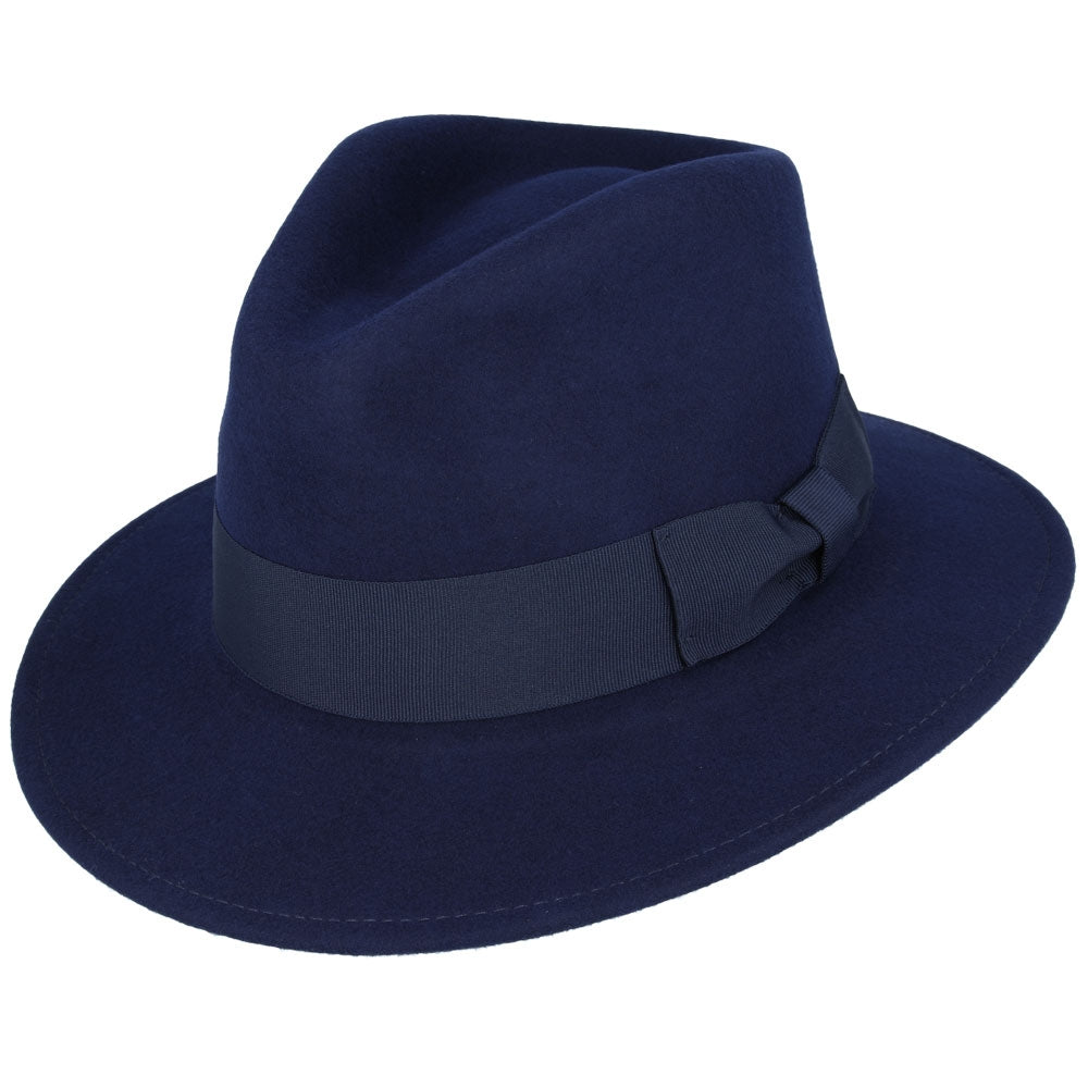 Unisex Wool Felt Crushable Fedora Hat With Grosgrain Band - Navy