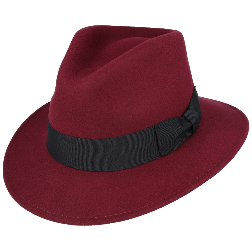 Unisex Wool Felt Crushable Fedora Hat With Grosgrain Band - Wine