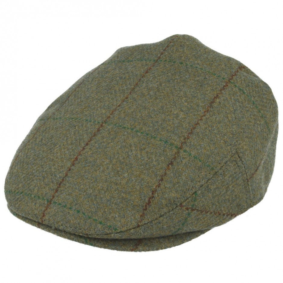 G&H 100% Wool Check Tweed Flat Cap - Olive-Green
