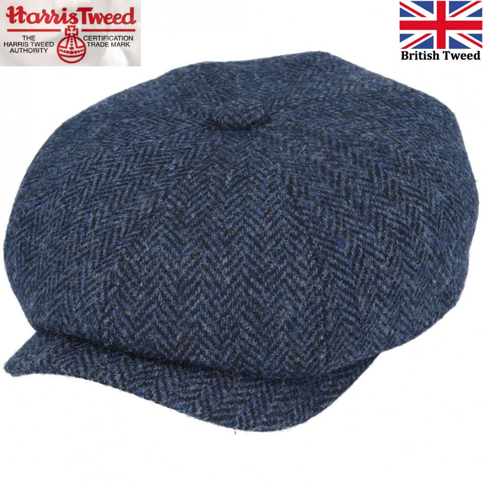 Gladwin Bond Harris Tweed Wool Herringbone Newsboy Cap - Navy-Blue