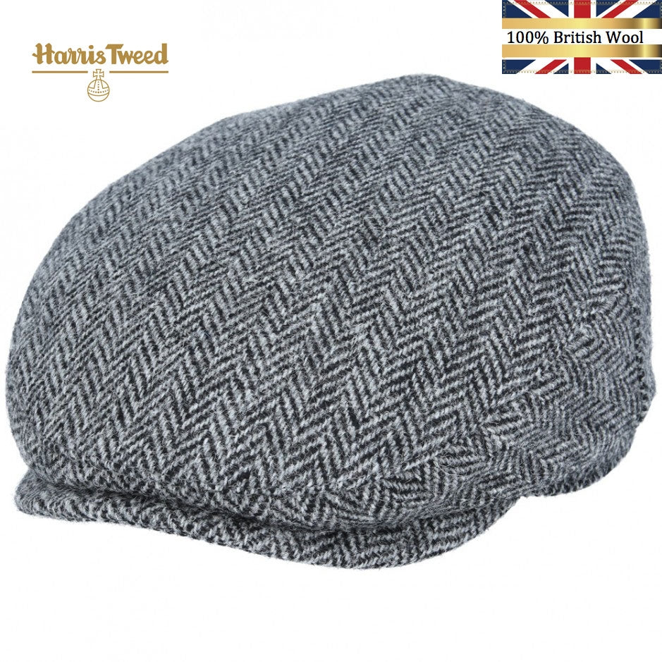 Harris Tweed 100% British Wool Herringbone Flat Cap - Grey-Black