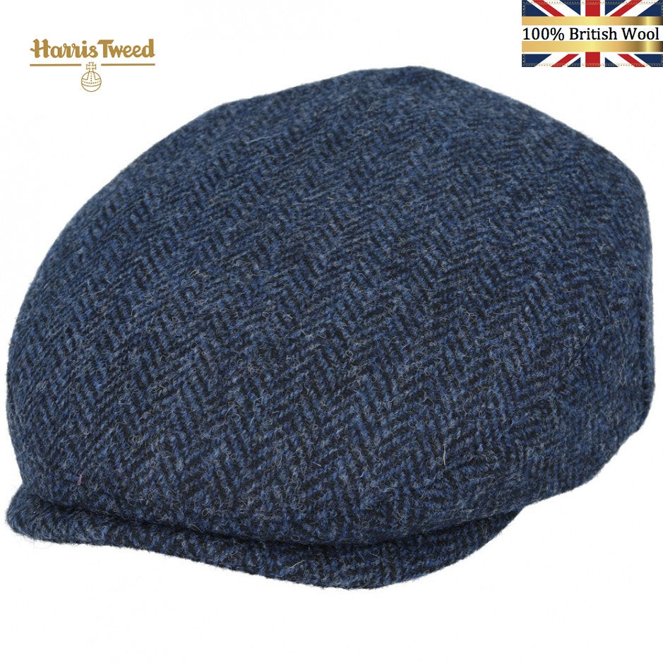 Harris Tweed 100% British Wool Herringbone Flat Cap - Navy-Blue